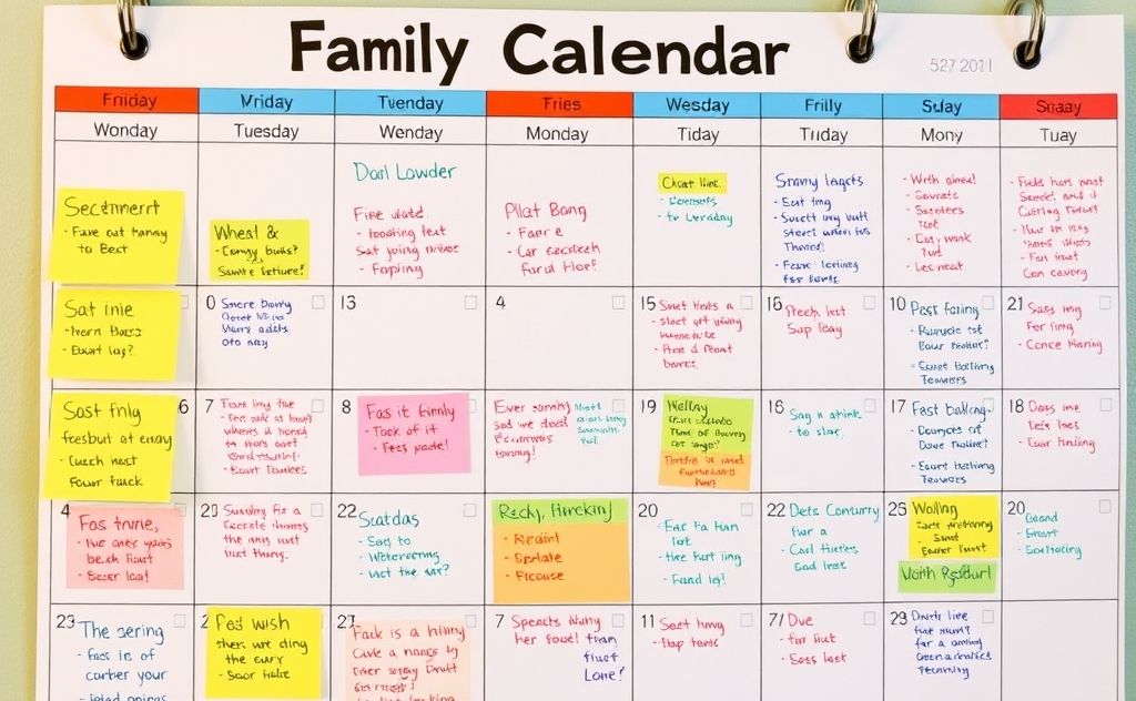 A busy family calendar with colorful schedules and to-do lists.