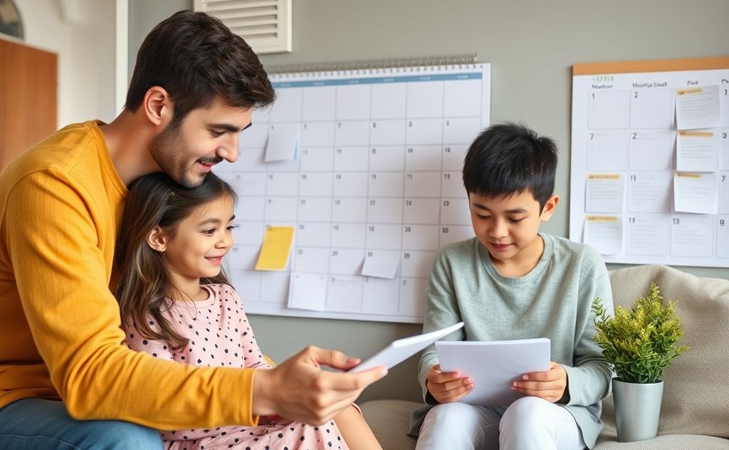 A busy family coordinating tasks with a calendar and to-do lists.
