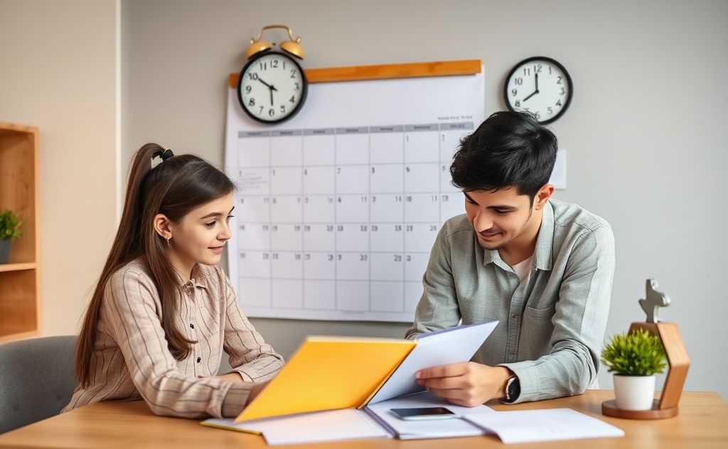 A busy family planning their schedule with a calendar and clock.