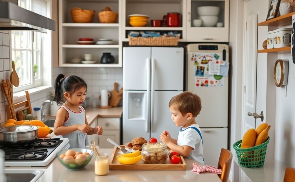 A busy kitchen with a parent preparing breakfast and organizing kids' items.