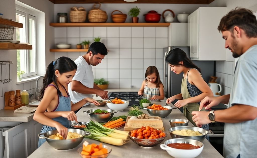 A busy kitchen with family members preparing meals together.