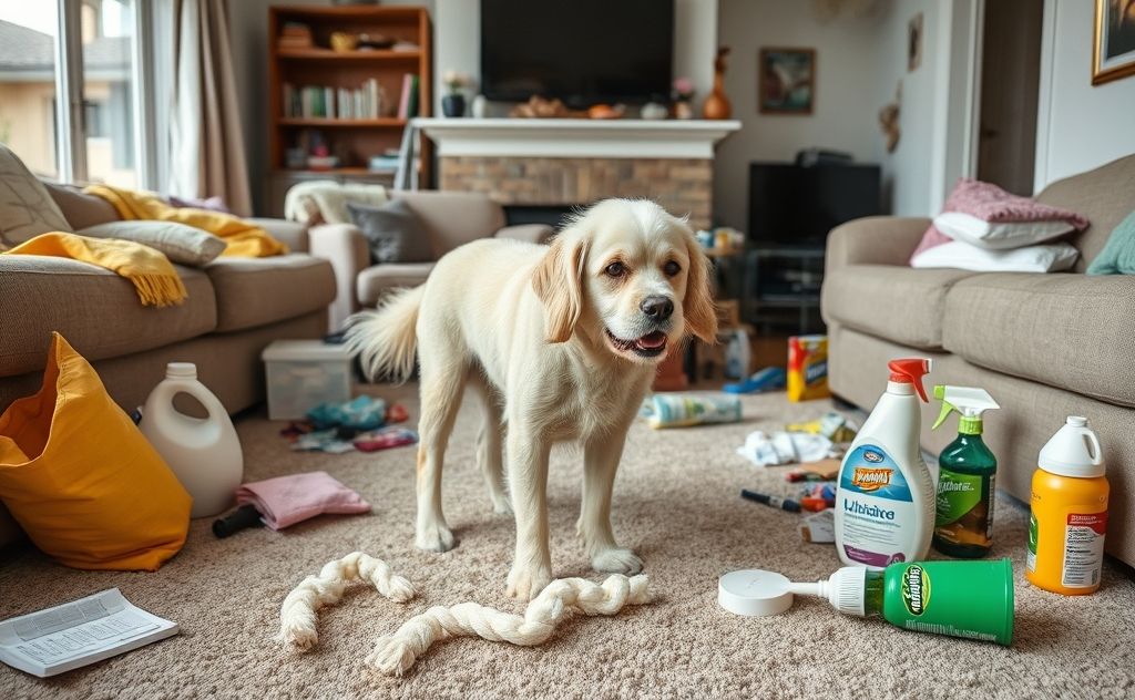 A busy living room with pet hair and cleaning supplies scattered around.