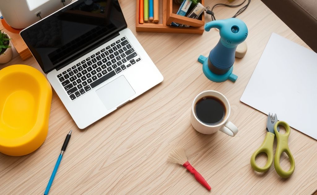 A busy workspace with a laptop, coffee, and parenting tools.