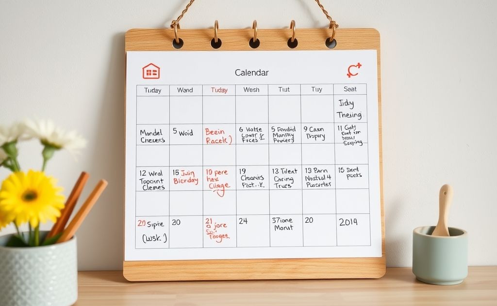 A calendar marked with cleaning schedules and a tidy home background