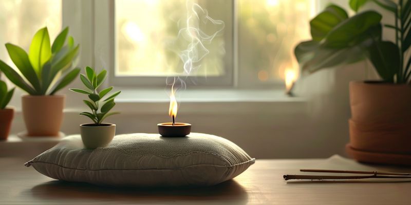 A calm and uncluttered desk with a meditation cushion and a burning incense stick