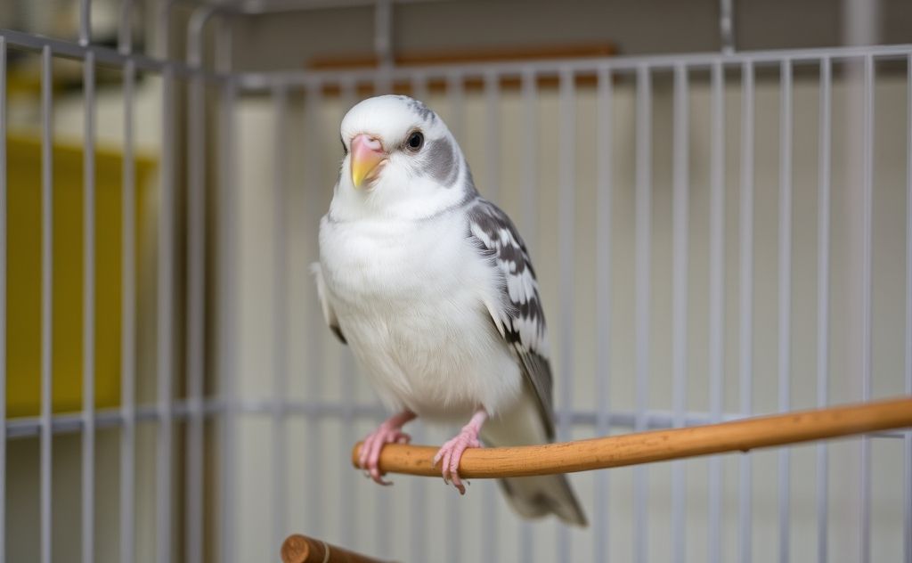 A calm bird perched in a serene, open cage environment.