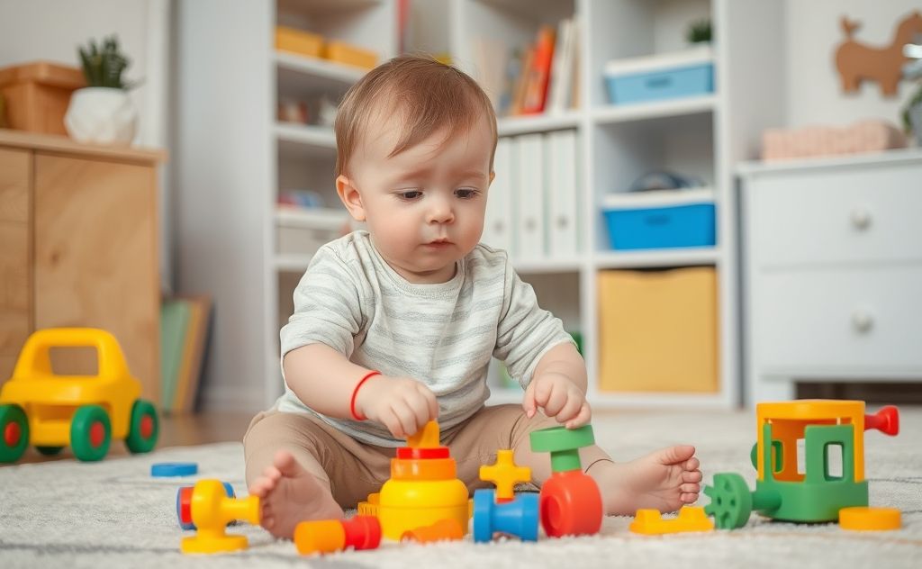 A calm child playing with toys in a peaceful, organized room.