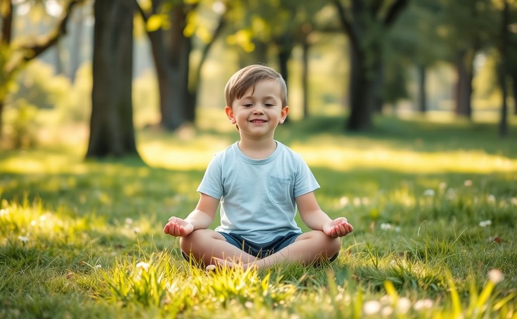 A calm child practicing grounding techniques in a serene environment.