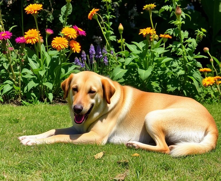 A calm dog resting in a sunny garden after a heat cycle.