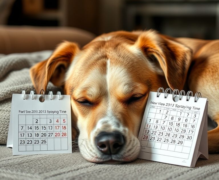 A calm dog resting with a calendar marking the ideal spaying time.