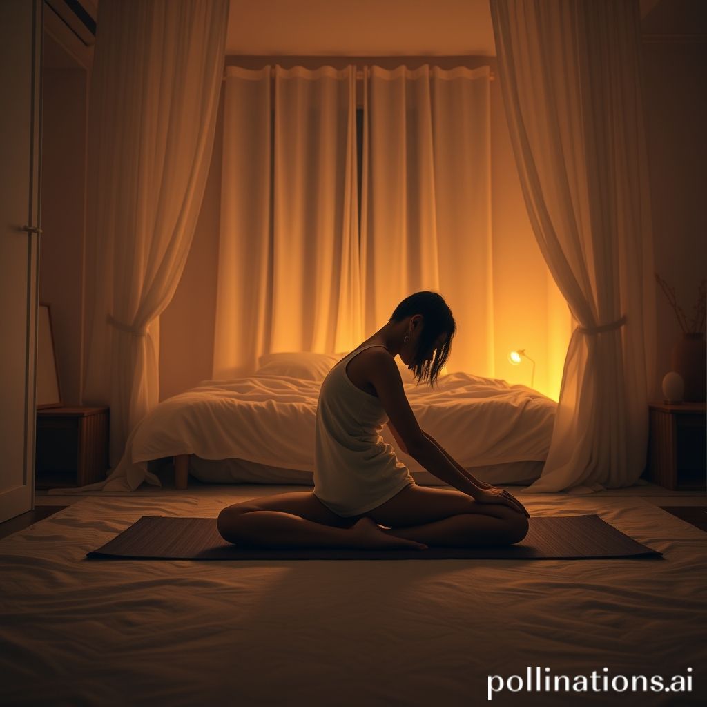 밤 시간, 조용한 방에서 요가 매트 위 전굴 스트레칭을 하는 사람