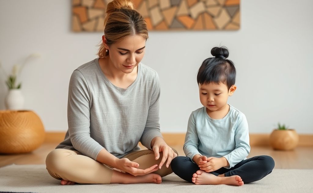 A calm parent and child engaging in a mindful activity together.