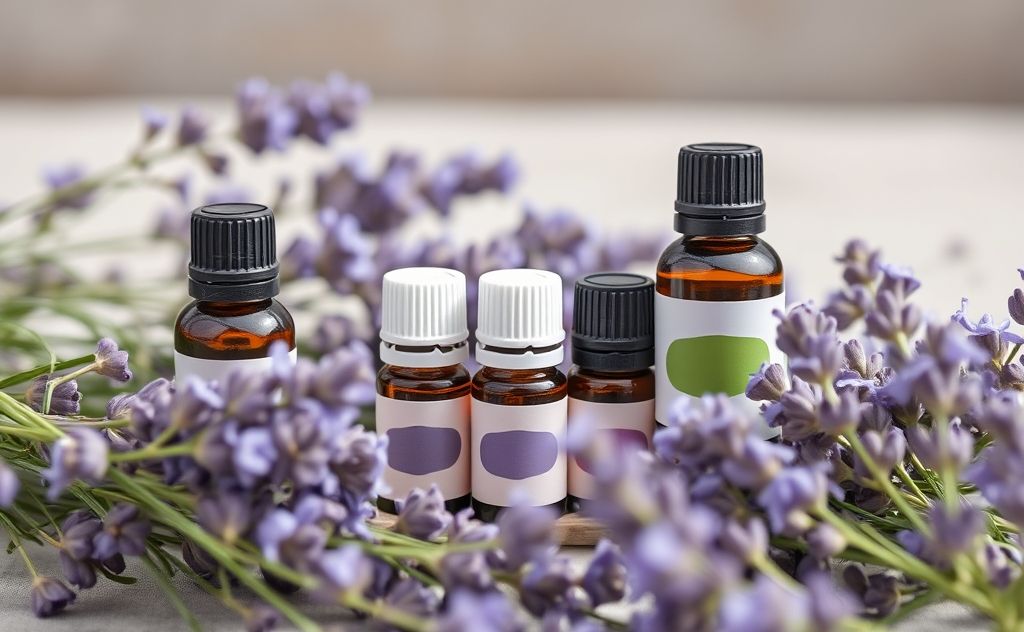 A calm scene of essential oil bottles surrounded by soothing lavender.