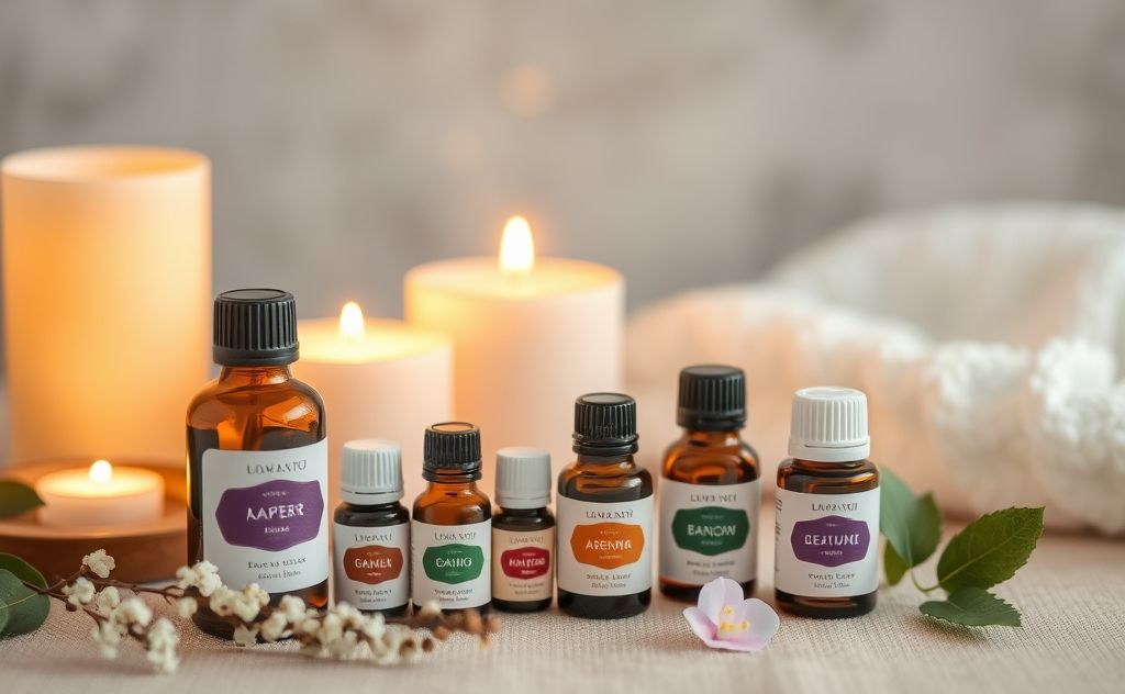 A calming aromatherapy scene with essential oils and candles.
