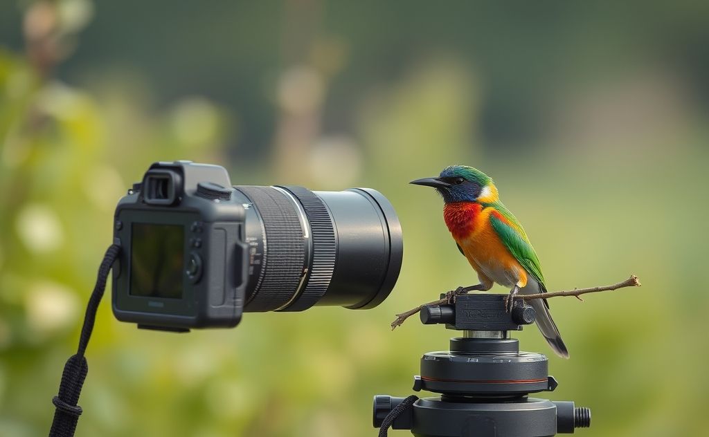 A camera with a long lens pointed at a colorful rare bird in nature.