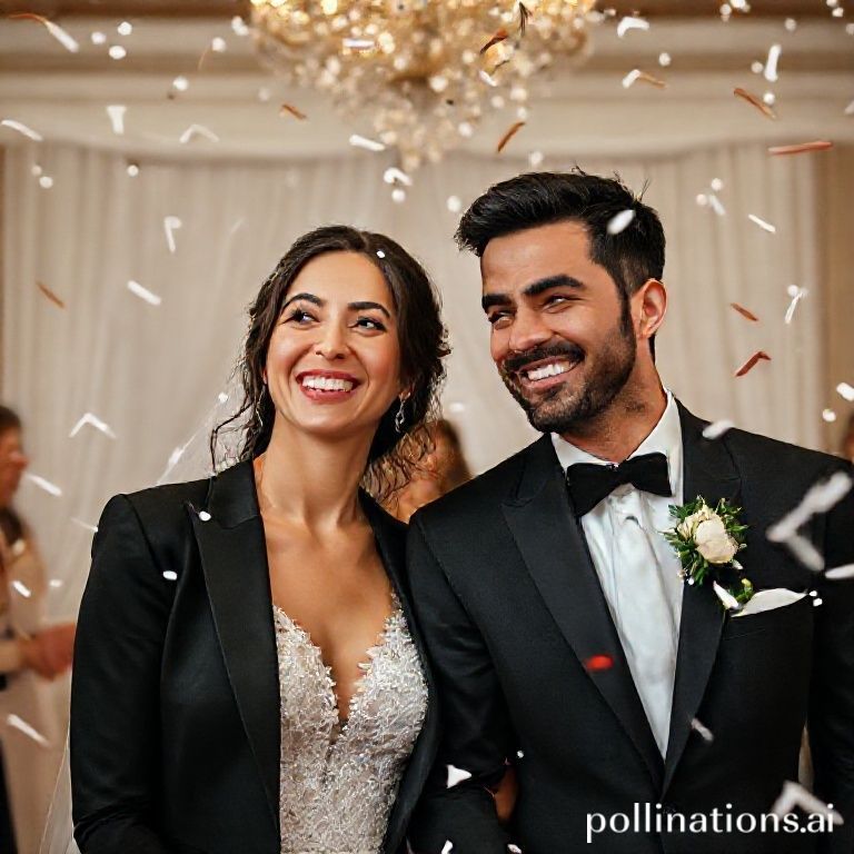 A candid shot of Amanda Zahra and her spouse during their wedding ceremony, looking joyful and elegant, with celebratory confetti gently falling around them. The decor is tastefully minimal yet luxurious.