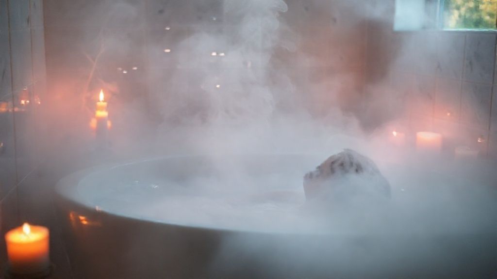 A candle's warm glow illuminates a misty bathroom. Lavender-scented steam rises, embracing a woman submerged in a bath. Soft light, gentle colors, and ethereal ambiance.