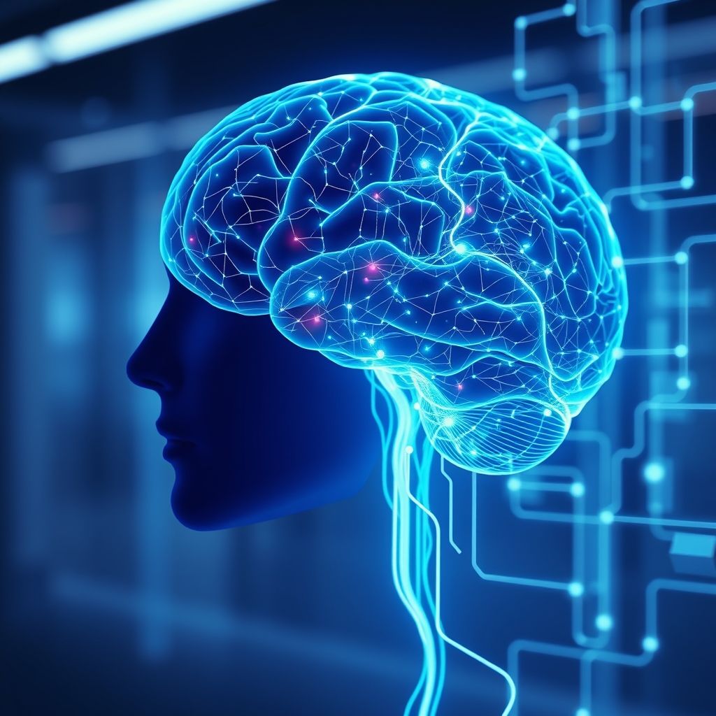 Brain-Computer Interfaces (BCI) - Mind Control Technology මොළය-පරිගණක අතුරුමුහුණතක් (BCI) නිරූපණය කරන අනාගතවාදී රූපයක්. මොළයේ ස්නායු මාර්ග ඩිජිටල් අතුරුමුහුණතකට සම්බන්ධ වී ඇති ආකාරය. Brain-Computer Interfaces technology.