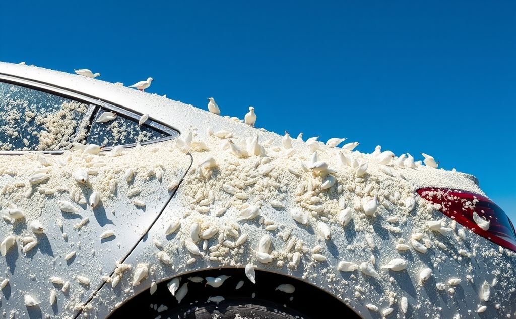 A car covered in bird droppings under a clear blue sky.