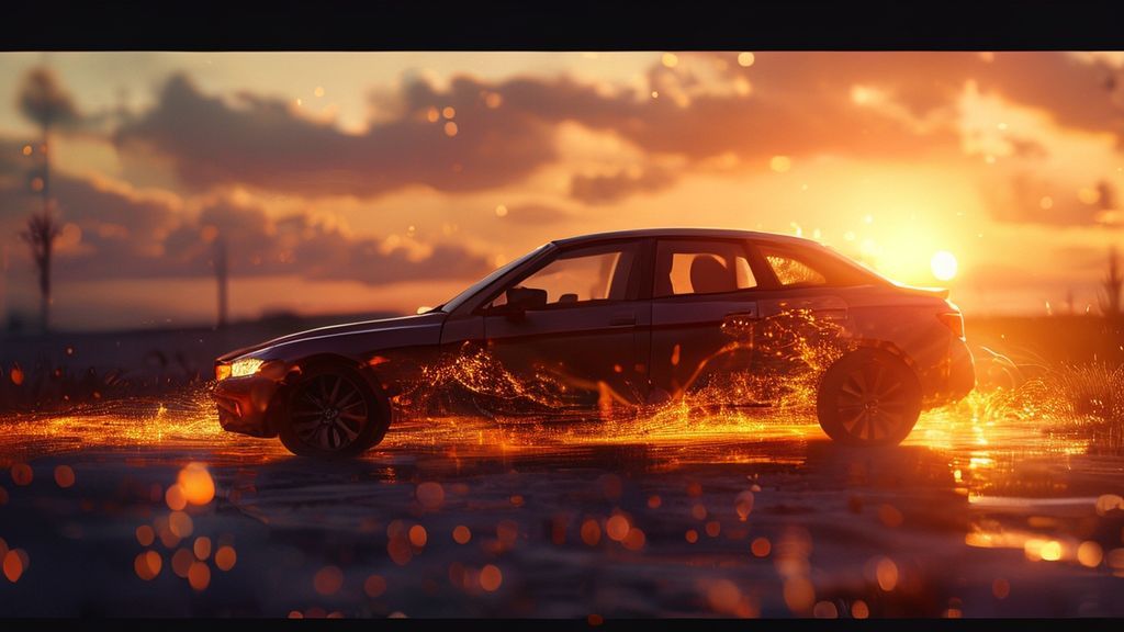 A car parked at twilight, softly lit by the warm glow of a setting sun. Visualize stress dissipating, represented as shimmering golden light flowing from the car's interior into the earth. Mystic, ethereal, 4k.