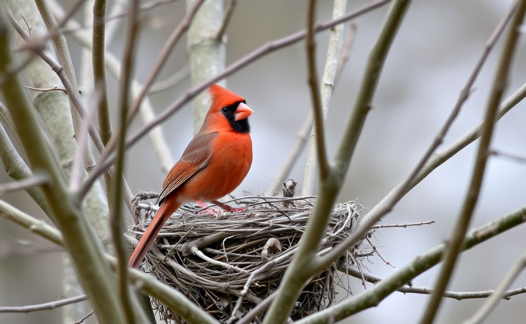 A cardinal perched near a nest among tree branches.