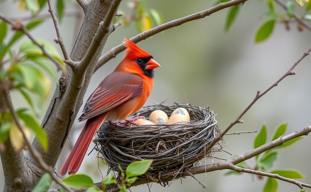 A cardinal perched near a nest with eggs in a tree.