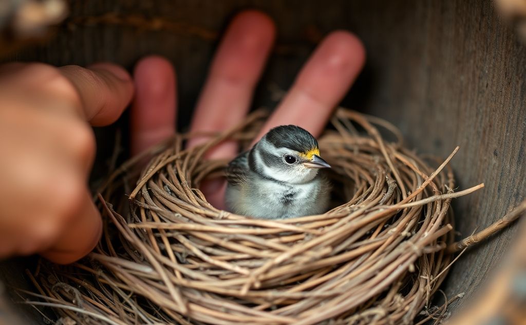 A caring hand gently supports a small bird in a cozy nest.