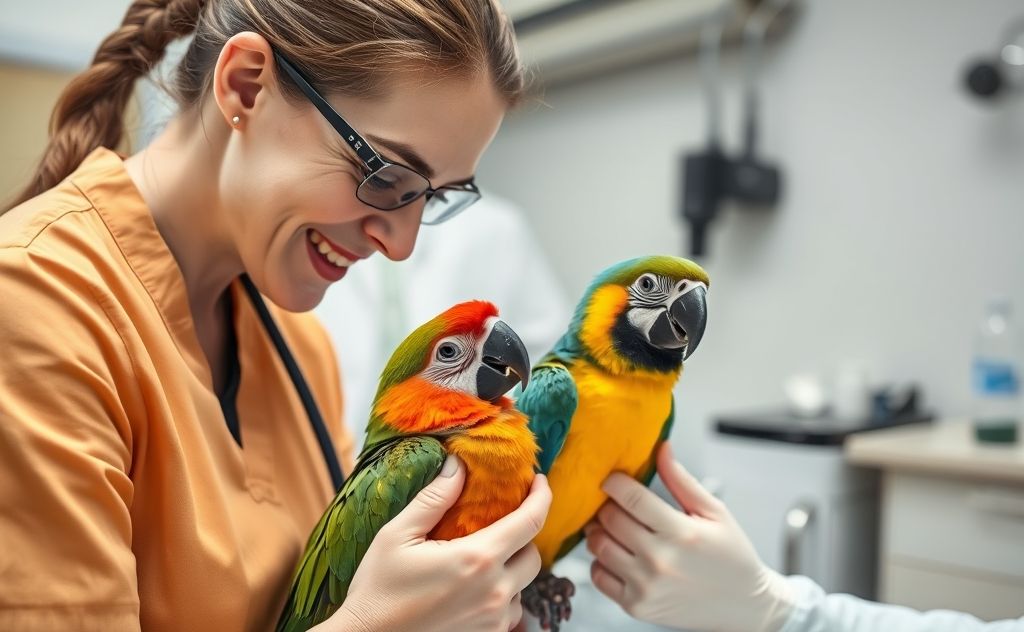 A caring veterinarian examining a colorful parrot in a clinic.