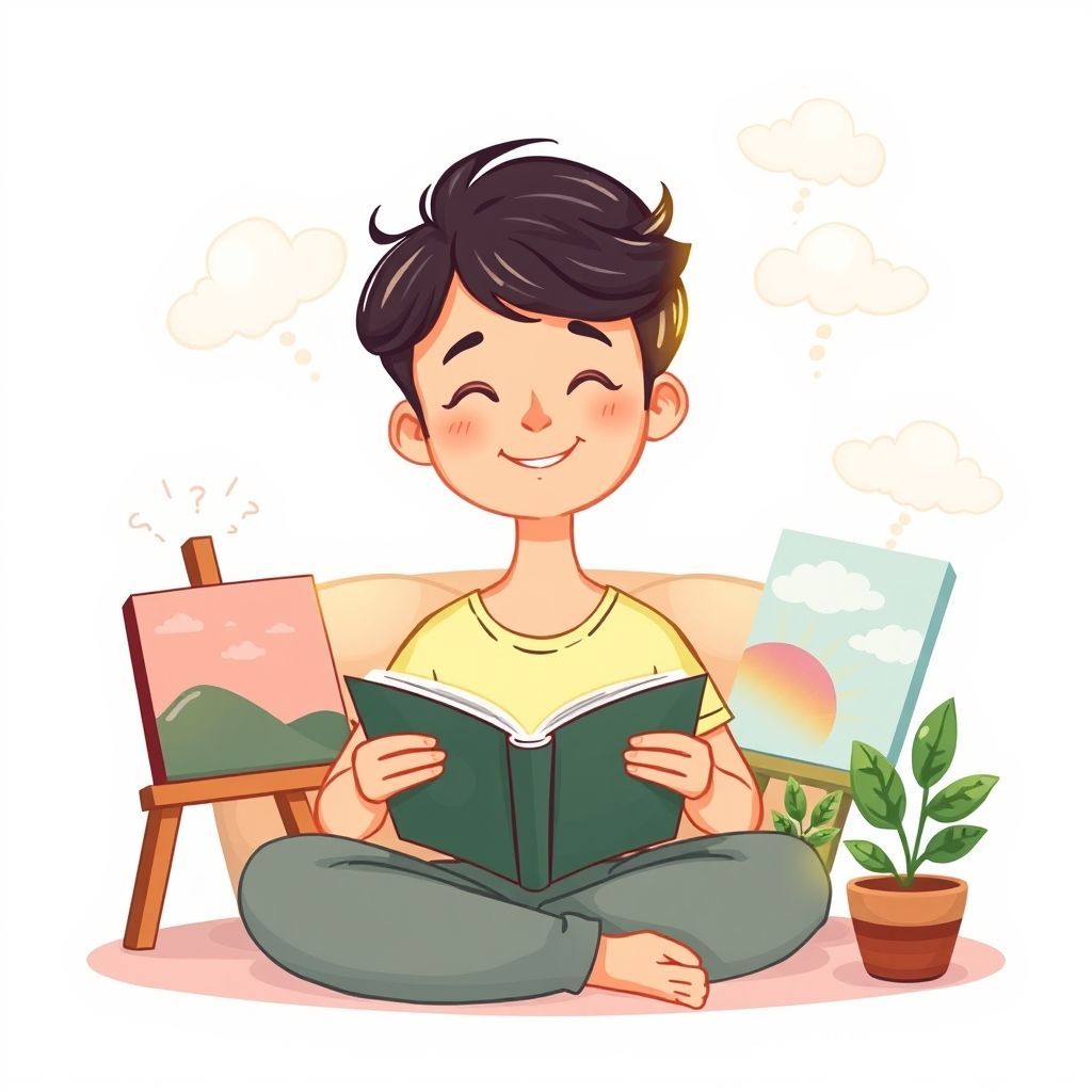 A cartoon illustration depicting a person (gender-neutral) happily engaged in various relaxing hobbies simultaneously, such as reading a book, painting on a canvas, and gently tending to a small plant. Around them, subtle, wispy grey clouds representing stress are dissipating and being replaced by bright, colorful, and calming aura. The person has a serene, joyful expression. The background is soft and inviting.