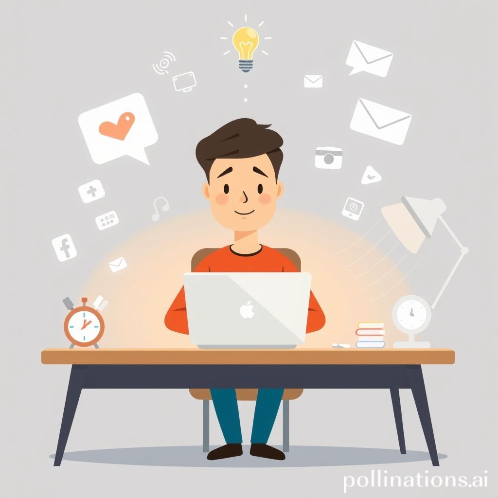 A cartoon illustration of a person (gender-neutral) sitting at a neat desk, looking focused and calm while working on a laptop. Around them, there are faint, transparent digital distractions like social media icons, notification bubbles, and email symbols floating in the air, but they appear to be ignoring them. A gentle glow surrounds the person, indicating concentration. There is a small, subtle clock icon in the corner of the desk showing good time management, and a faint lightbulb above their head. The overall mood is positive and empowering.
