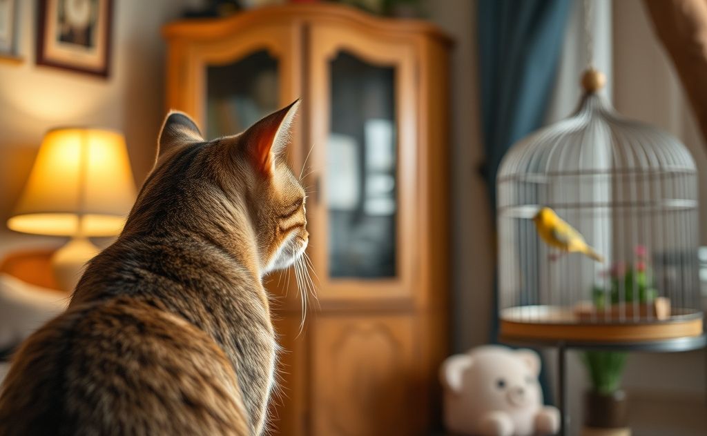A cat observing a birdcage from a distance in a cozy room.