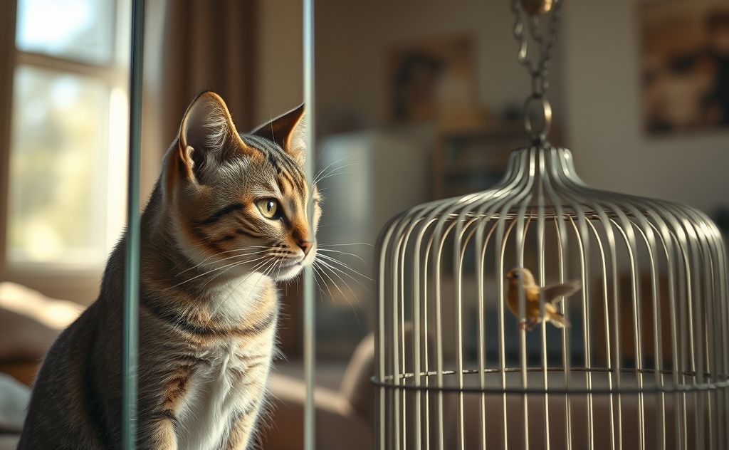 A cat observing a birdcage with a physical barrier in between.