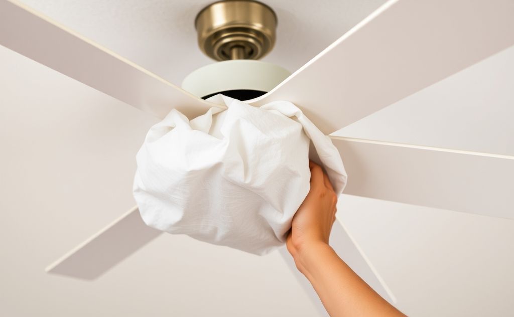 A ceiling fan being cleaned with a pillowcase to catch dust.