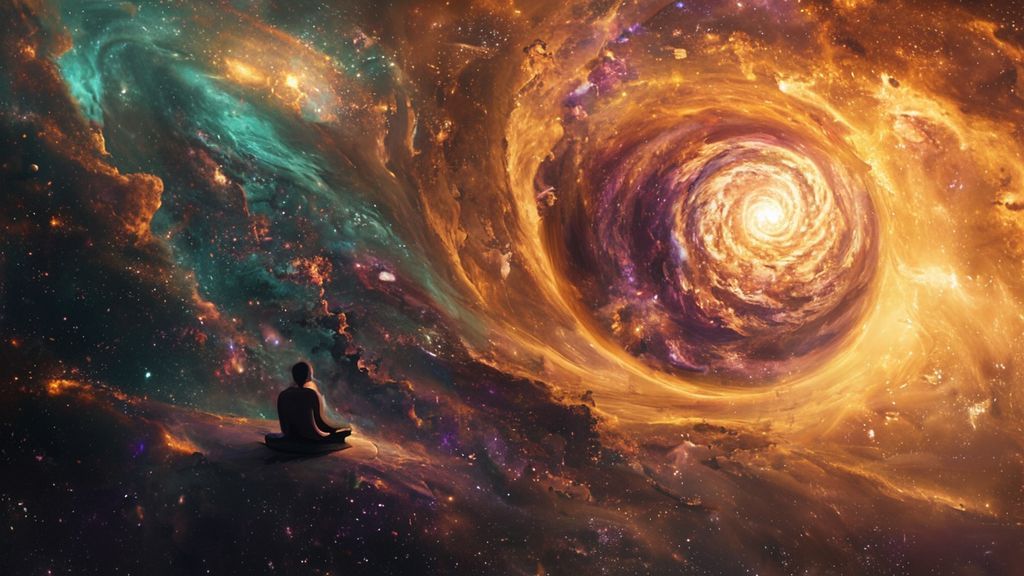 A celestial body fracturing, revealing swirling nebulae within. Warm, golden light spills over a figure meditating in stillness. Colors of amethyst, deep teal, and cosmic dust.