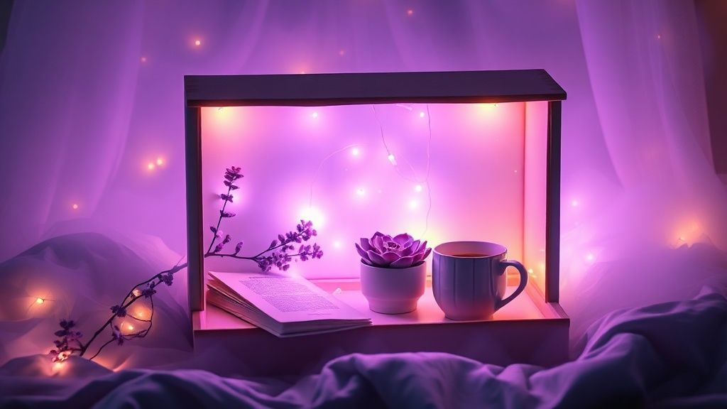 A celestial box overflowing with lavender-hued light. Inside, scattered objects: a book, a coffee cup, a blooming succulent, bathed in warm, cinematic light, reflecting peace and joy. Mystic, ethereal, 4k.