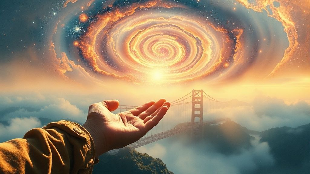 A celestial bridge shimmering between a realistic, grounded hand of labor, and a dreamy, watercolor-like expanse of swirling cosmos. Soft, golden light bathes the scene.