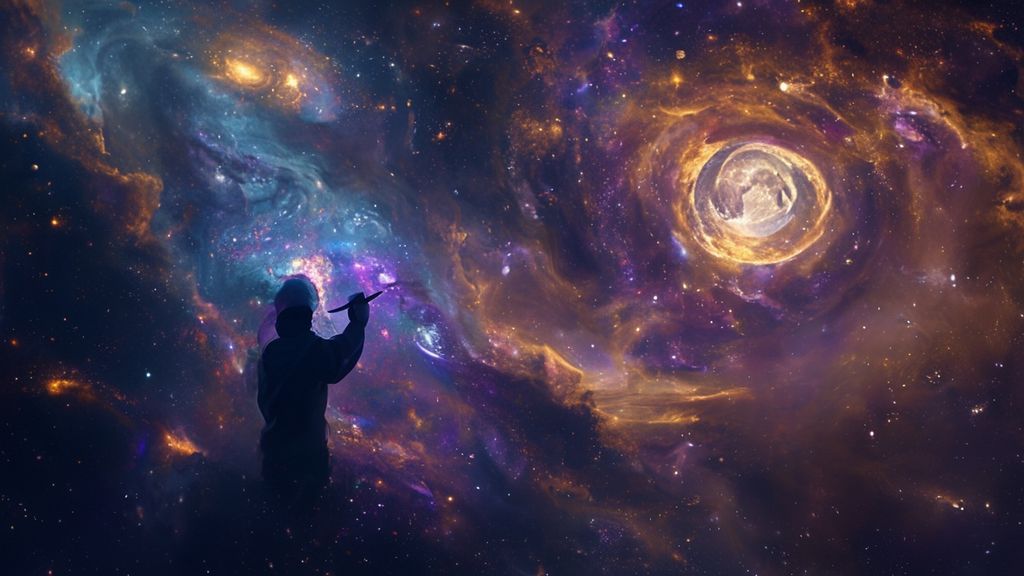 A celestial canvas: a silhouetted figure, bathed in soft moonlight, paints vibrant intentions onto a swirling nebula. Colors: deep indigo, gold, and amethyst. Mystic, ethereal, 4k, cinematic lighting.