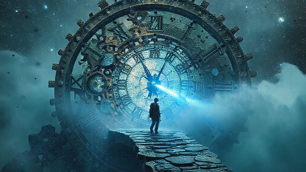 A celestial clock, its gears intertwined with swirling stardust and fragmented mirrors, casting a cool, blue light on a lone traveler navigating a misty, ethereal path.