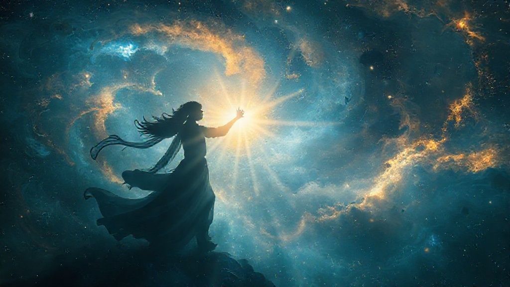 A celestial dance of swirling nebulae. Light streams through a silhouetted figure, bathed in starlight, holding a compass guiding them through shifting cosmic energies. Mystic blues and golds.