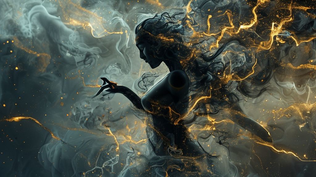 A celestial figure made of smoke, fractured by anxious thought. Swirling dark blues and greys are contrasted by threads of gold light. Yoga poses emerge and fade within the smoke.