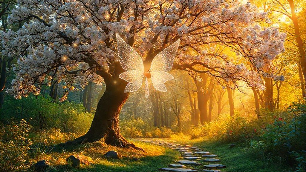 A celestial figure with stardust wings embracing a blossoming tree. Golden light bathes the scene. A path of glowing stones leads into the vibrant, dreamy forest. Mystic and ethereal, 4k.