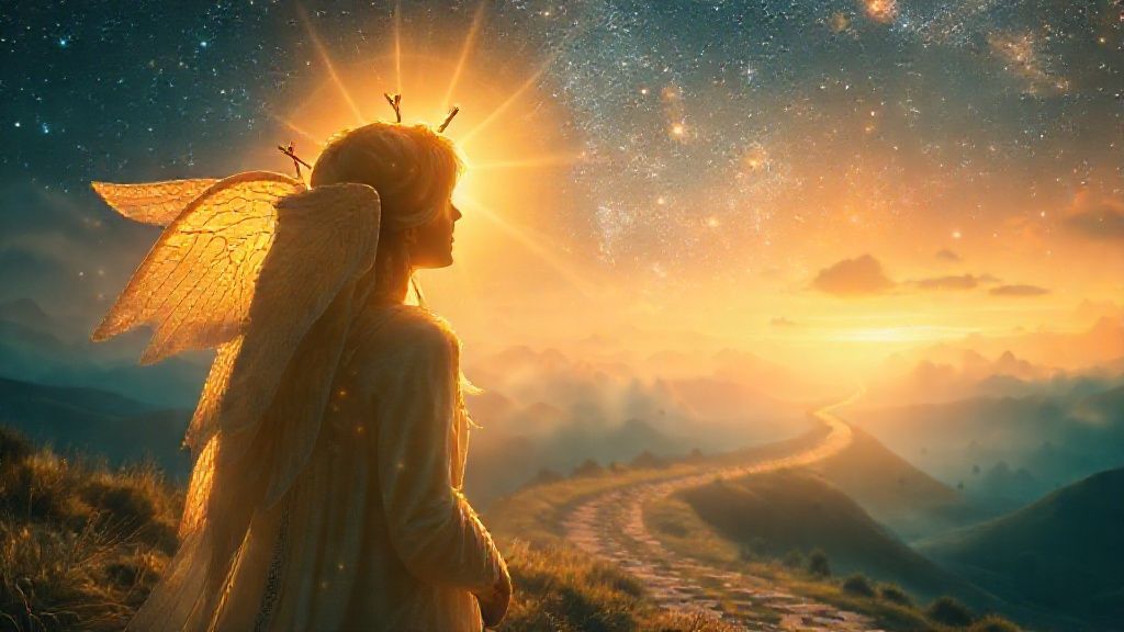 A celestial figure, bathed in golden light, gazes at a starlit path winding towards a vibrant, dream-like landscape. Ethereal glow, soft focus, mystical ambiance, 4k.