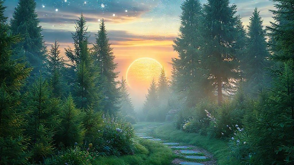 A celestial garden at dawn. Mercury, a glowing orb, dips below emerald evergreens. Ethereal light bathes a winding path towards a hidden bloom, hinting transition. Soft blues, greens, and gold, 4k.