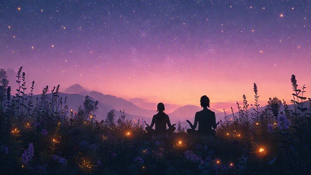 A celestial garden bathed in twilight. Silhouetted figures meditate amidst glowing herbs and constellations, soft lavender and gold light washes the scene, evoking calm and peace.
