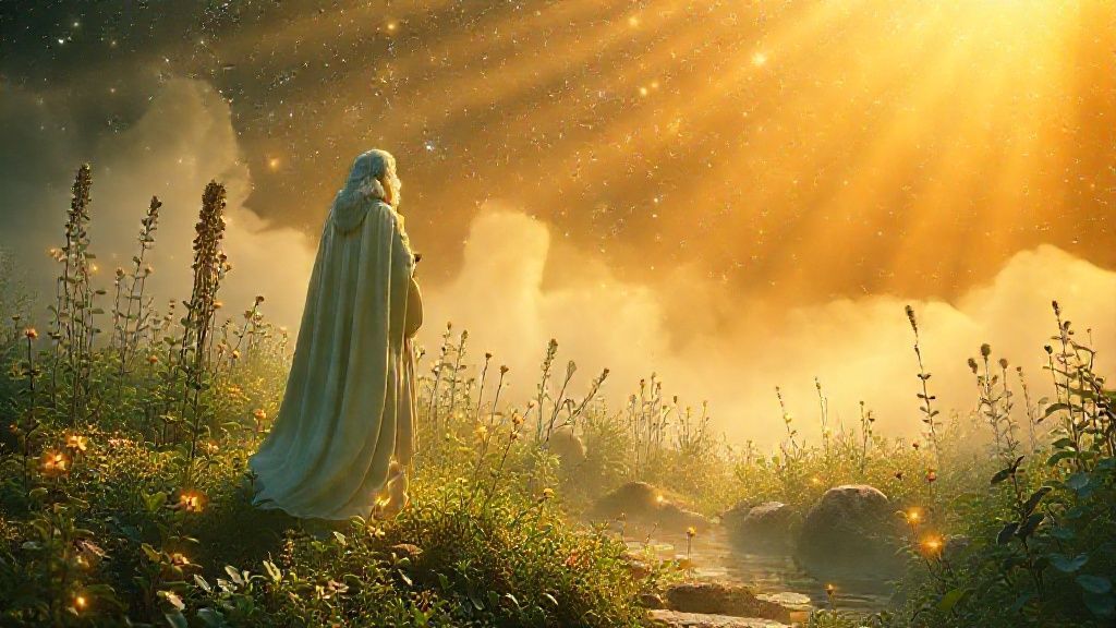 A celestial garden, bathed in golden light, with glowing herbs and cosmic water. A wise figure, cloaked in starlight, observes. Misty, ethereal, 4k.