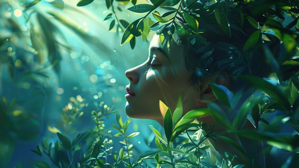 A celestial garden. Soft light streams through leaves, illuminating a calm woman amidst lush botanicals. Gentle blues and greens blend, reflecting a sense of peace and groundedness. Mystic and ethereal, 4k.