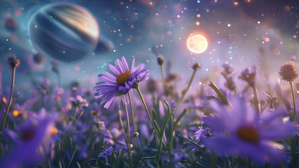 A celestial lavender field bathed in moonlight. A single chamomile flower glows softly, radiating calming energy. Ethereal light dances, weaving between planets. Mystic, 4k, cinematic.