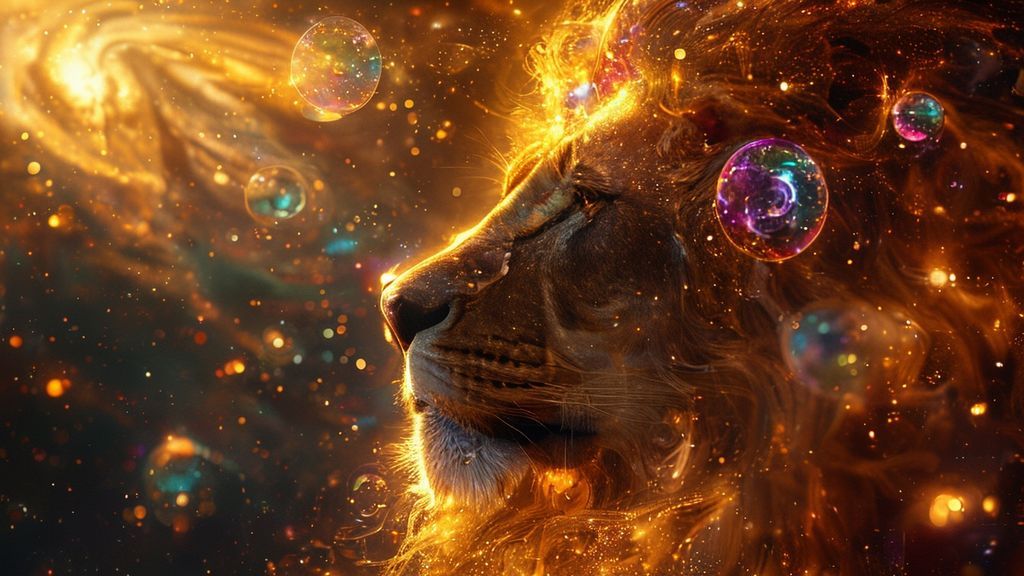A celestial lion, bathed in golden light, gazing at a swirling galaxy. Ethereal orbs represent the months: ruby for July, sapphire for October, emerald for April. Mystic, 4k, cinematic.