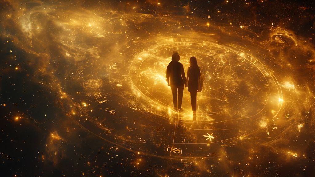 A celestial map glows, highlighting the Seventh House with golden light. Swirling nebulae dance around a couple, their figures indistinct. Mystic, ethereal, 4k, cinematic.