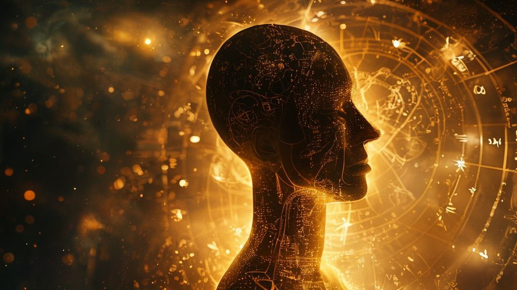A celestial map illuminating a shadowed figure. Soft, golden light reveals intricate astrological patterns overlaying a human form, highlighting inner complexities and anxieties. Mystic, ethereal, 4k.